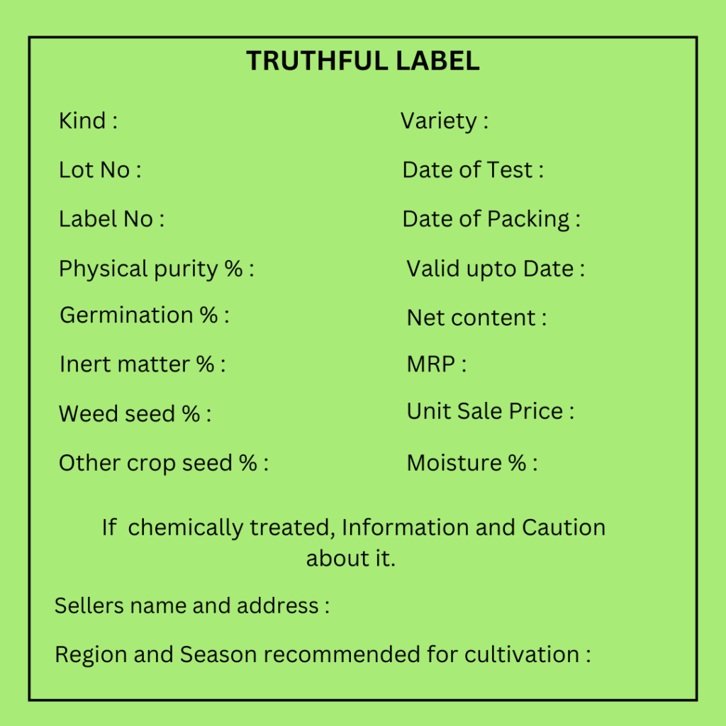 Green template titled 'TRUTHFUL LABEL' displays a sample seed packet label with details such as kind, variety, lot number, germination and purity percentages, MRP, and recommended cultivation regions. It includes information on chemically treated seeds and seller details, guiding farmers on important seed quality indicators.