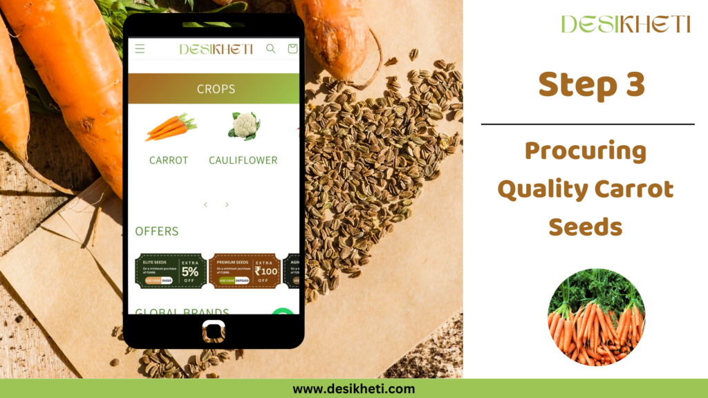 Step 3 for procuring quality carrot seeds shows a close-up of carrot seeds spread on brown paper with fresh carrots in the background. On the left, a smartphone screen displays the Desikheti website featuring crop options like "Carrot" and "Cauliflower," offers on seeds, and global brands. On the right, the "Desikheti" logo appears at the top, followed by bold text "Step 3" and the description "Procuring Quality Carrot Seeds." At the bottom, there is an image of freshly harvested carrots with green tops. The website URL "www.desikheti.com" is displayed at the bottom of the image.