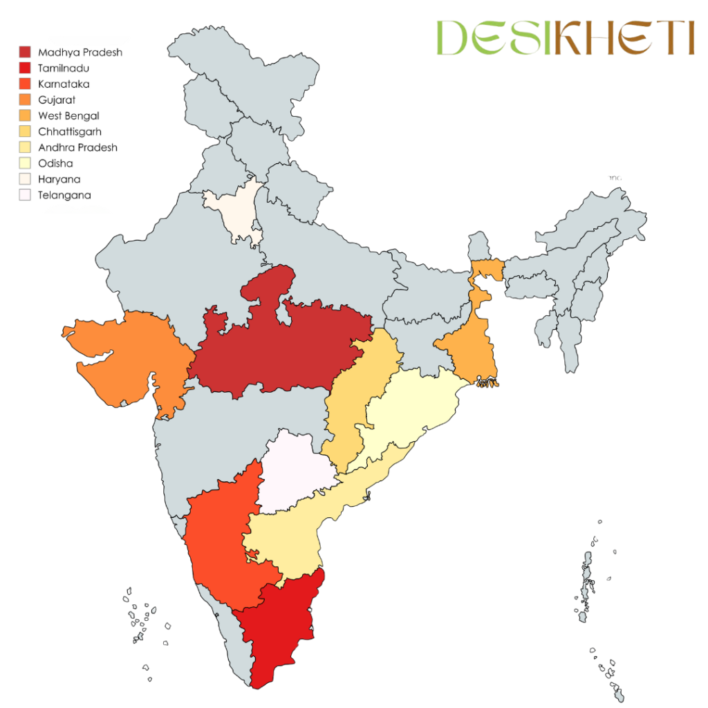 A map of India highlighting the top 10 marigold-producing states, with each state color-coded based on production levels. The legend lists states as follows: Madhya Pradesh (dark red), Tamil Nadu (red), Karnataka (orange-red), Gujarat (orange), West Bengal (light orange), Chhattisgarh (yellow), Andhra Pradesh (light yellow), Odisha, Haryana, and Telangana (shaded gray). The DesiKheti logo is positioned in the top right corner. The title "Top 10 Marigold Producing States in India" is written near the legend.