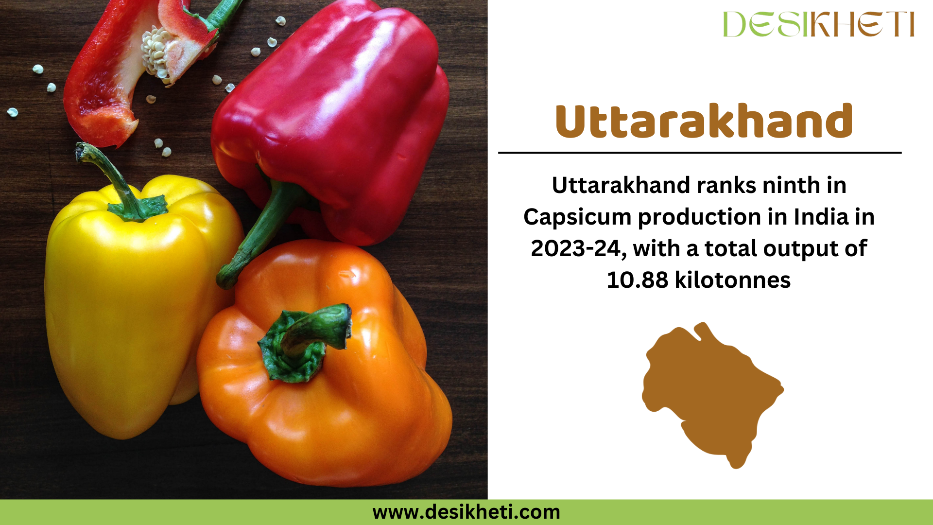 Uttarakhand ranks ninth in capsicum production in India for 2023-24, with a total output of 10.88 kilotonnes. The image features fresh red, yellow, and orange capsicums placed on a wooden surface, with a sliced red capsicum and scattered seeds visible. On the right side, "Uttarakhand" is written in bold brown text, followed by the production ranking and output details in black text. Below, there is a brown silhouette map of Uttarakhand. The Desikheti logo is placed at the top right corner, and the website URL "www.desikheti.com" is displayed at the bottom on a green banner.