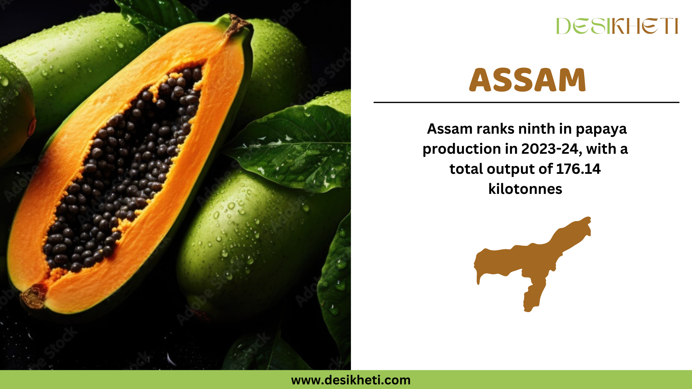 Assam ranks ninth in papaya production in 2023-24, with a total output of 176.14 kilotonnes. The image showcases fresh papayas, including a ripe, sliced papaya with orange flesh and black seeds, surrounded by green papayas with water droplets. On the right side, "ASSAM" is displayed in bold brown font, along with a brown silhouette of Assam state. The Desikheti logo is in the top right corner, and the website www.desikheti.com is displayed at the bottom.