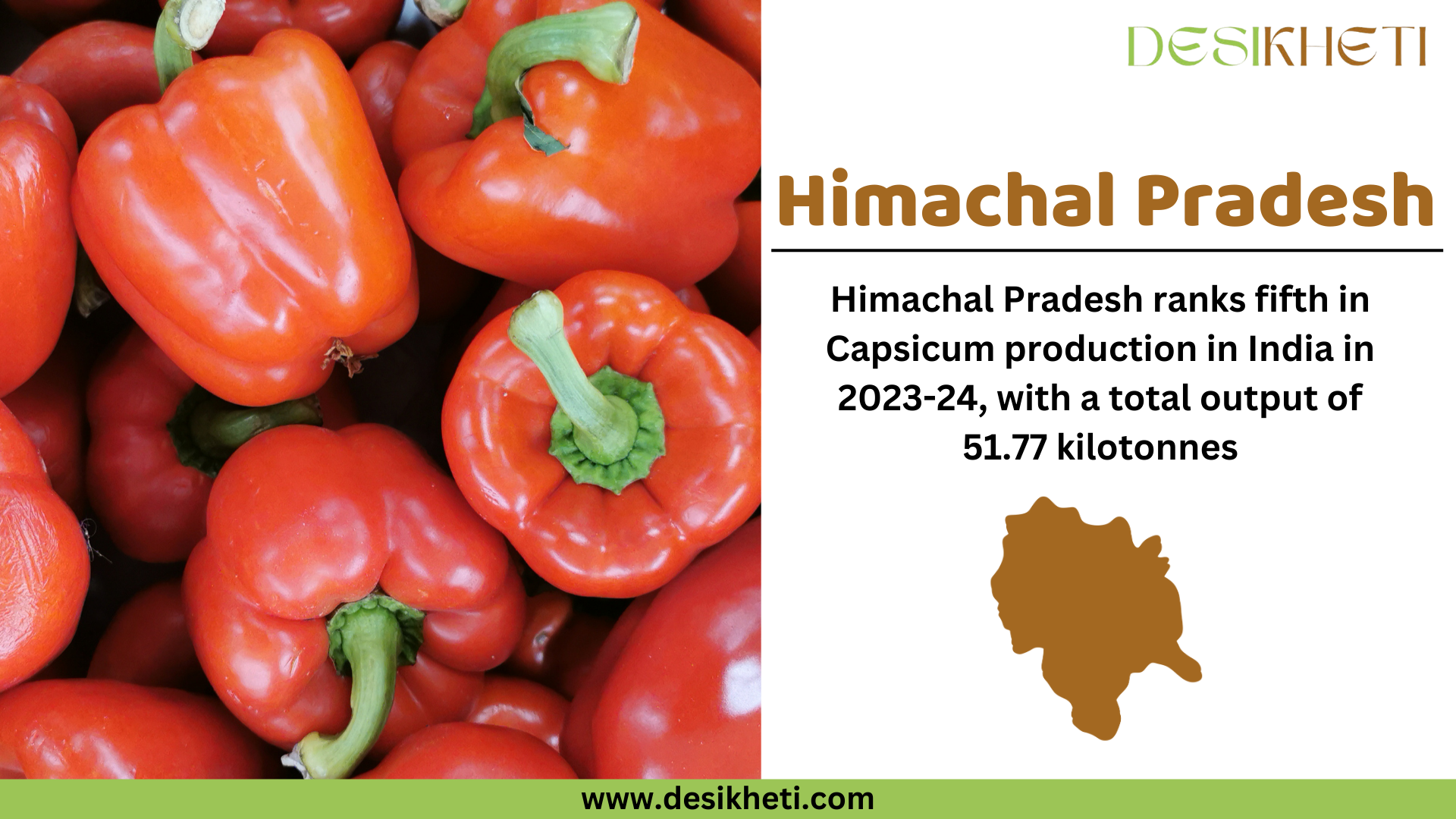 Himachal Pradesh ranks fifth in capsicum production in India for 2023-24, with a total output of 51.77 kilotonnes. The image showcases a variety of fresh capsicums in yellow, red, and orange colors. On the right side, "Himachal Pradesh" is displayed in bold brown text, followed by the production ranking and output details in black text. Below, a brown silhouette map of Himachal Pradesh is present. The Desikheti logo appears at the top right corner, and the website URL "www.desikheti.com" is displayed at the bottom on a green banner.