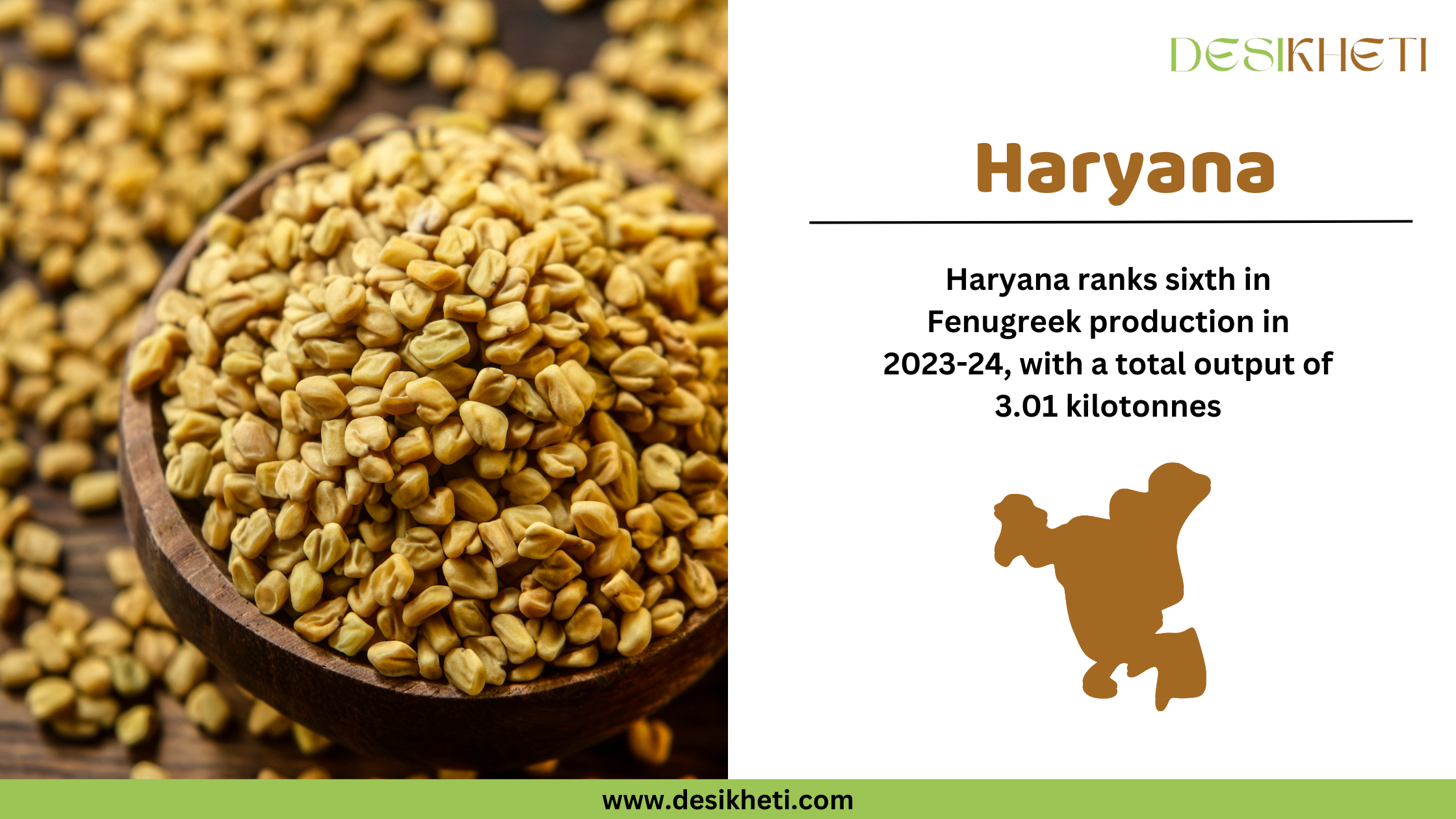 Haryana ranks sixth in fenugreek production in 2023-24, with a total output of 3.01 kilotonnes. The image features a close-up of fenugreek seeds in a wooden bowl on the left. On the right, the text "Haryana" is displayed in brown, followed by the production ranking and output details in black text. Below the text, there is a brown silhouette map of Haryana. The Desikheti logo is positioned at the top right corner, and the website URL "www.desikheti.com" is displayed at the bottom on a green strip.