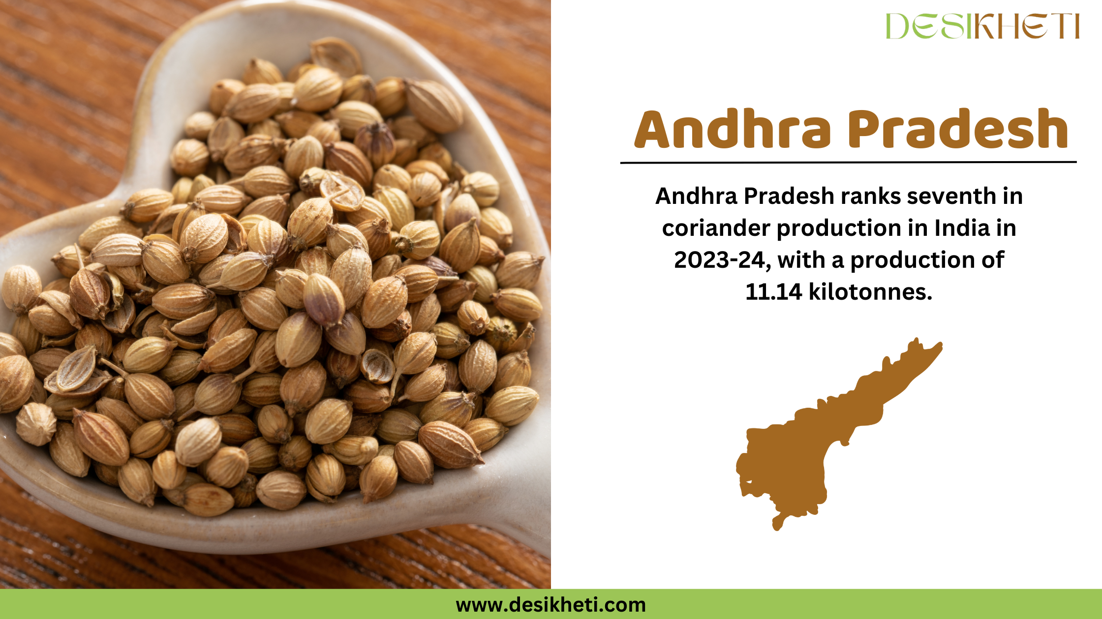 Andhra Pradesh ranks seventh in coriander production in India in 2023-24, with a production of 11.14 kilotonnes. The image is divided into two sections. On the left, there is a close-up photograph of dried coriander seeds in a heart-shaped bowl placed on a wooden surface. On the right, the text "Andhra Pradesh" is written in bold brown font, followed by the production ranking and statistics in black text. Below the text, there is a brown silhouette map of Andhra Pradesh. The Desikheti logo is in the top right corner, and the website "www.desikheti.com" is displayed at the bottom on a green strip.