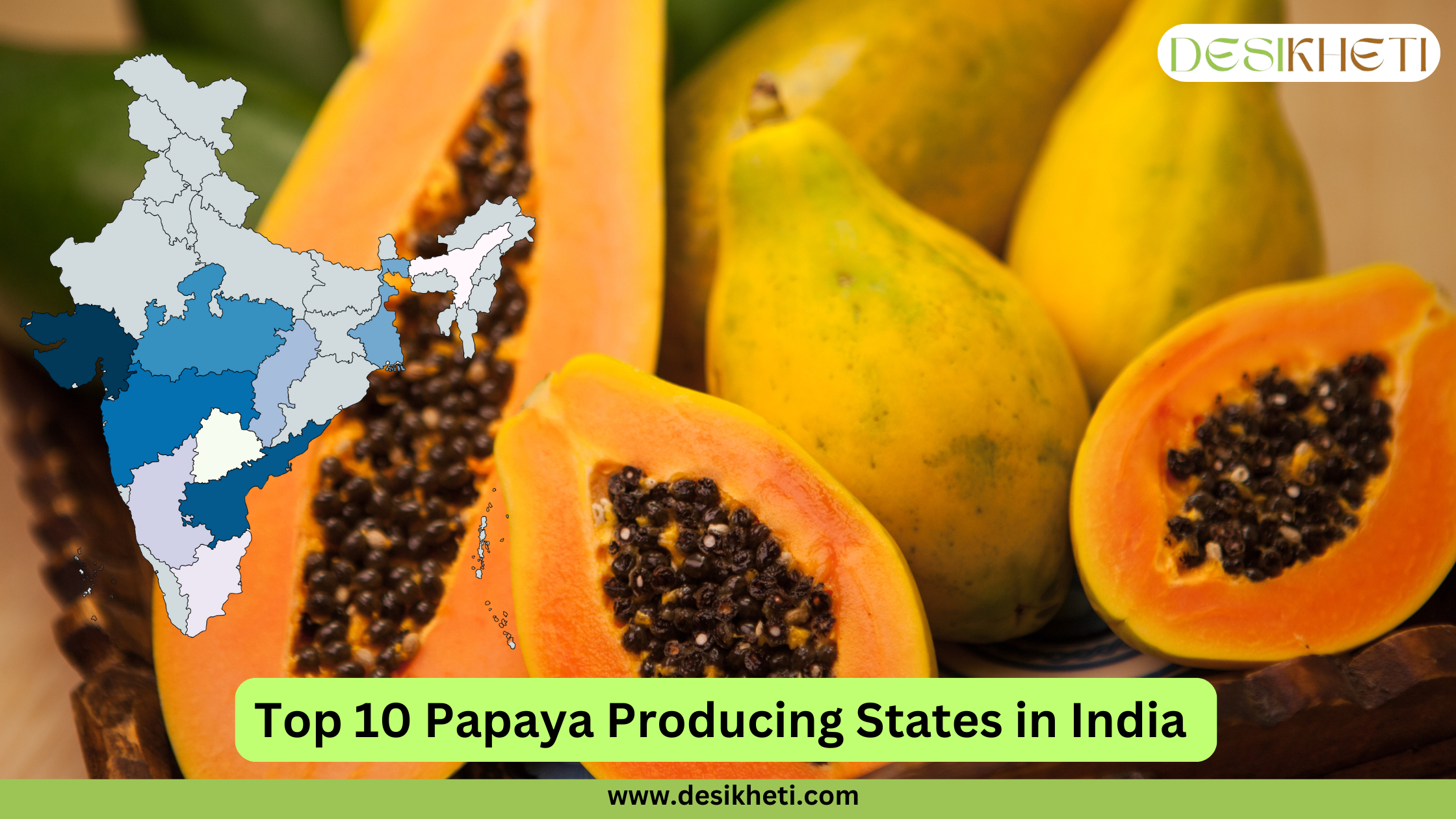 Top 10 papaya-producing states in India. The image features a close-up of fresh papayas, including whole ripe papayas and sliced papayas with black seeds. A highlighted map of India on the left side showcases the top papaya-producing states in different shades of blue. The text "Top 10 Papaya Producing States in India" is displayed in bold black font on a green banner at the bottom. The Desikheti logo is positioned in the top right corner, and the website www.desikheti.com is mentioned below.