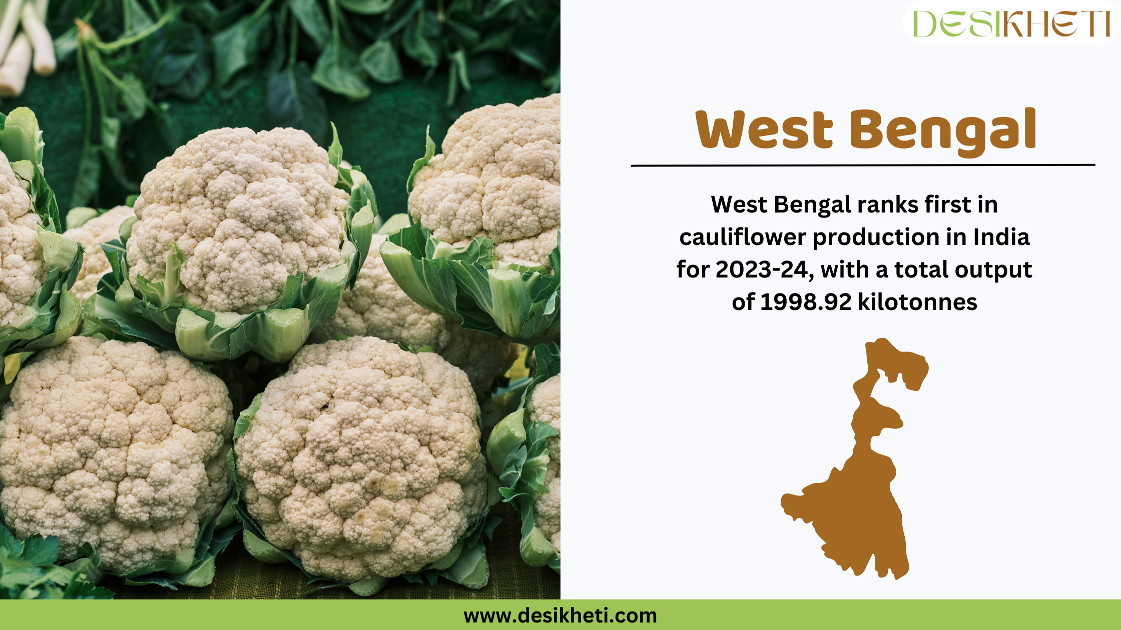 West Bengal ranks first in cauliflower production in India for 2023-24, with a total output of 1998.92 kilotonnes. The image is divided into two sections: the left side features fresh white cauliflower heads with green leaves in a market setting, while the right side contains text displaying the production statistics along with a brown silhouette of West Bengal. The Desikheti logo is positioned in the top right corner, and the website URL "www.desikheti.com" is displayed at the bottom.