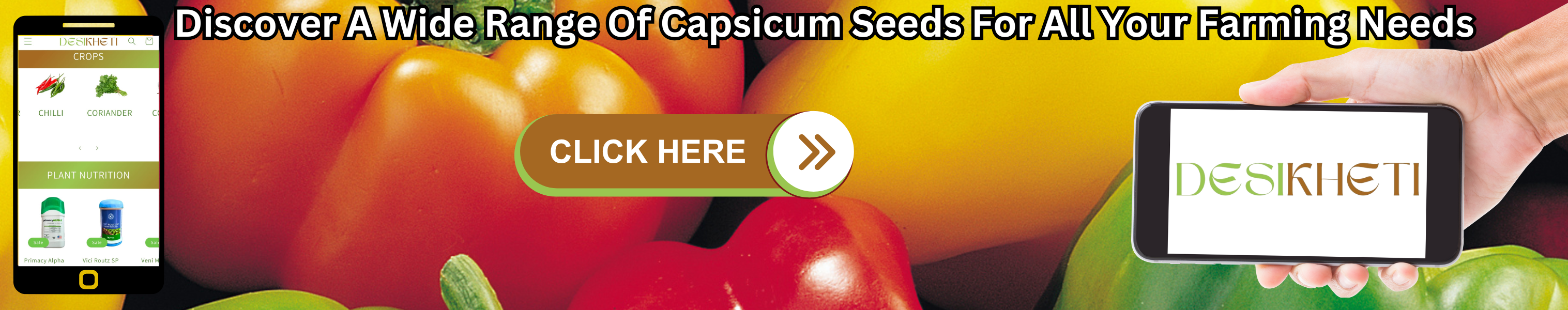 Advertisement banner promoting a wide range of capsicum seeds on Desikheti. The background features vibrant red, yellow, orange, and green capsicums. The top text reads, "Discover A Wide Range Of Capsicum Seeds For All Your Farming Needs." On the left, a smartphone displays the Desikheti website showcasing crops like chili and coriander along with plant nutrition products. A brown and green "CLICK HERE" button with a forward arrow is centered, encouraging action. On the right, a hand holds a smartphone displaying the Desikheti logo.