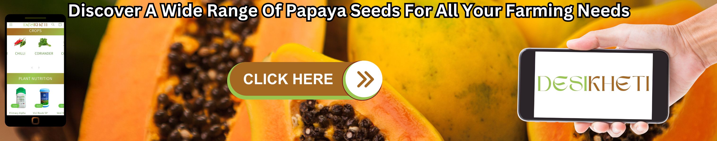 Discover a wide range of papaya seeds for all your farming needs. The banner features ripe and freshly cut papayas with black seeds inside, highlighting high-quality papaya cultivation. On the left, a smartphone screen showcases the Desikheti platform with crops like chili and coriander, along with plant nutrition products. On the right, a hand holds a mobile phone displaying the Desikheti logo. A bold "CLICK HERE" button in the center invites users to explore papaya seed options.