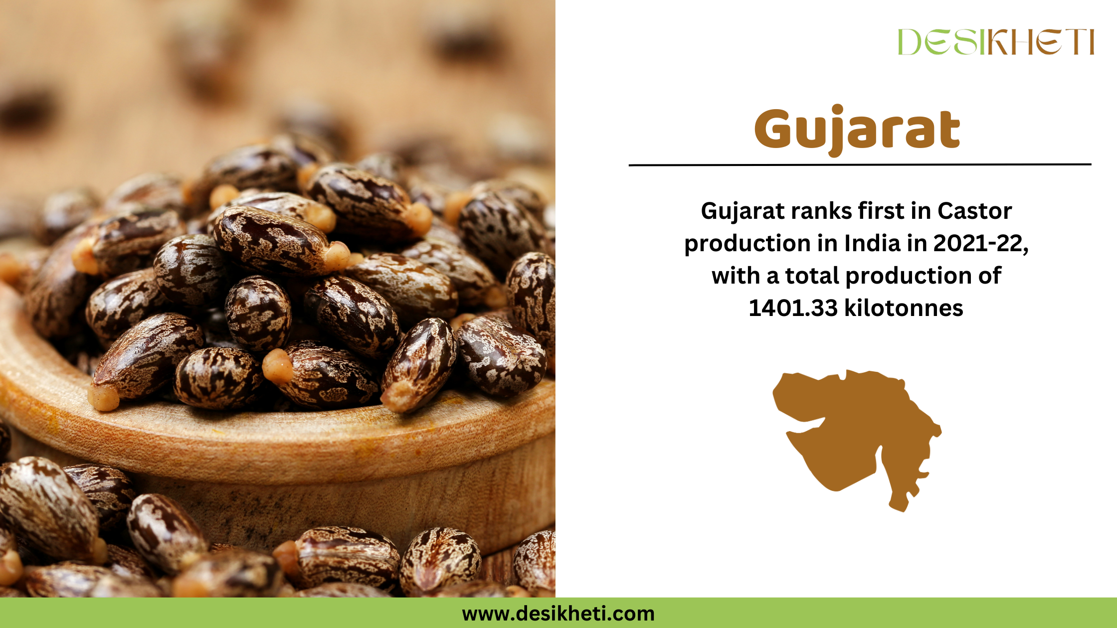 A wooden bowl and spoon filled with castor seeds placed on a rustic wooden surface. On the right side, text states "Gujarat" in bold brown letters, followed by "Gujarat ranks first in Castor production in India for 2021-22, with a total output of 1401.33 kilotonnes." Below the text is a brown silhouette of the state of Gujarat. The Desikheti logo is positioned at the top right corner, and the website "www.desikheti.com" is displayed at the bottom with a green background.