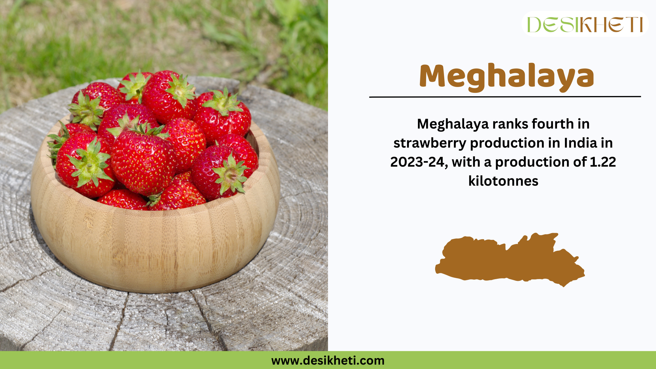 A basket filled with fresh strawberries spilling onto a wooden surface, with a background of green foliage. Some strawberries are whole, while others are sliced in half, revealing their juicy interior. On the right side, text states that Meghalaya ranks fourth in strawberry production in India for 2023-24, with a production of 1.22 kilotonnes. Below the text, there is a brown silhouette of Meghalaya. The Desikheti logo is in the top right corner, and the website URL www.desikheti.com is at the bottom.