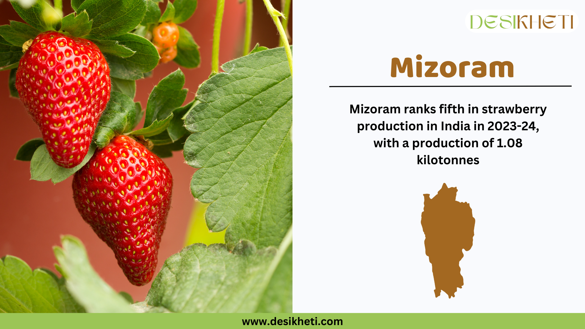 Two ripe red strawberries hanging from a green leafy plant with a blurred background. On the right side, text states that Mizoram ranks fifth in strawberry production in India for 2023-24, with a production of 1.08 kilotonnes. Below the text, there is a brown silhouette of Mizoram. The Desikheti logo is in the top right corner, and the website URL www.desikheti.com is at the bottom.