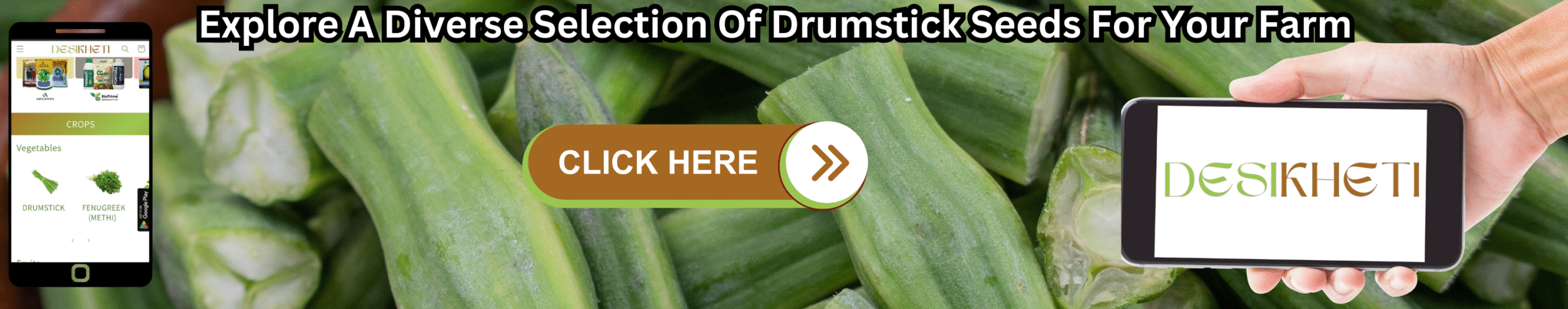 Explore A Diverse Selection Of Drumstick Seeds For Your Farm A banner advertisement with the text "Explore A Diverse Selection Of Drumstick Seeds For Your Farm" at the top. The background features a close-up shot of many long, green drumsticks (Moringa oleifera pods). On the left, a smartphone displays a mobile app interface with various icons, including what appears to be a drumstick icon. A hand on the right holds a tablet-like device displaying the "DESIKHETI" logo. A "CLICK HERE" button with an arrow pointing right is superimposed on the drumstick pod image. Given the current location of Hyderabad, Telangana, India, drumstick is a commonly cultivated plant, so this advertisement likely targets farmers in that region.