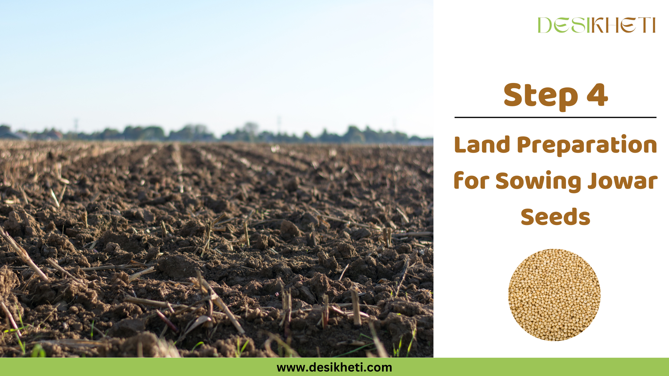 Step 4: Land Preparation for Sowing Jowar Seeds. A plowed field under a clear sky is shown. The "DESIKHETI" logo is visible at the top right, along with the text "Step 4", "Land Preparation for Sowing Jowar Seeds", a circular inset showing jowar seeds, and the website address "www.desikheti.com".