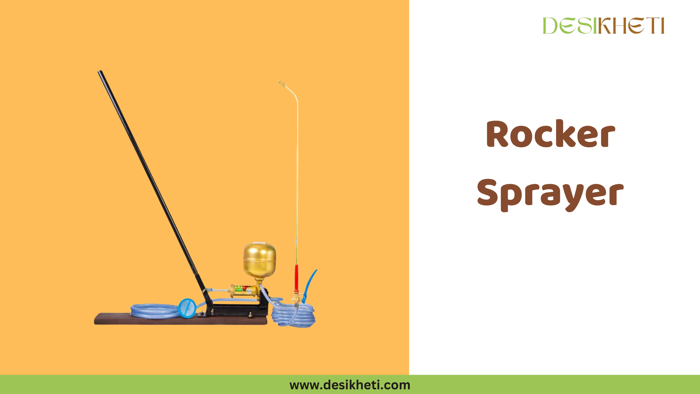 Rocker Sprayer A portable rocking sprayer is displayed against a solid orange background. The sprayer features a rectangular wooden base, a metallic pump with a brass-colored cylinder, a black operating lever, a coiled blue hose, and a spray wand with a yellow extension and a red nozzle, resting in a blue holder. To the right, the text "Rocker Sprayer" is shown in a simple, brown font. The "DESIKHETI" logo is in the upper right corner, and the website address "www.desikheti.com" is at the bottom. Given the agricultural context and the availability of such equipment, and considering the possibility it is an ASPEE Gator Portable Rocking Sprayer, this image is likely relevant to farming practices in Hyderabad, Telangana, India.