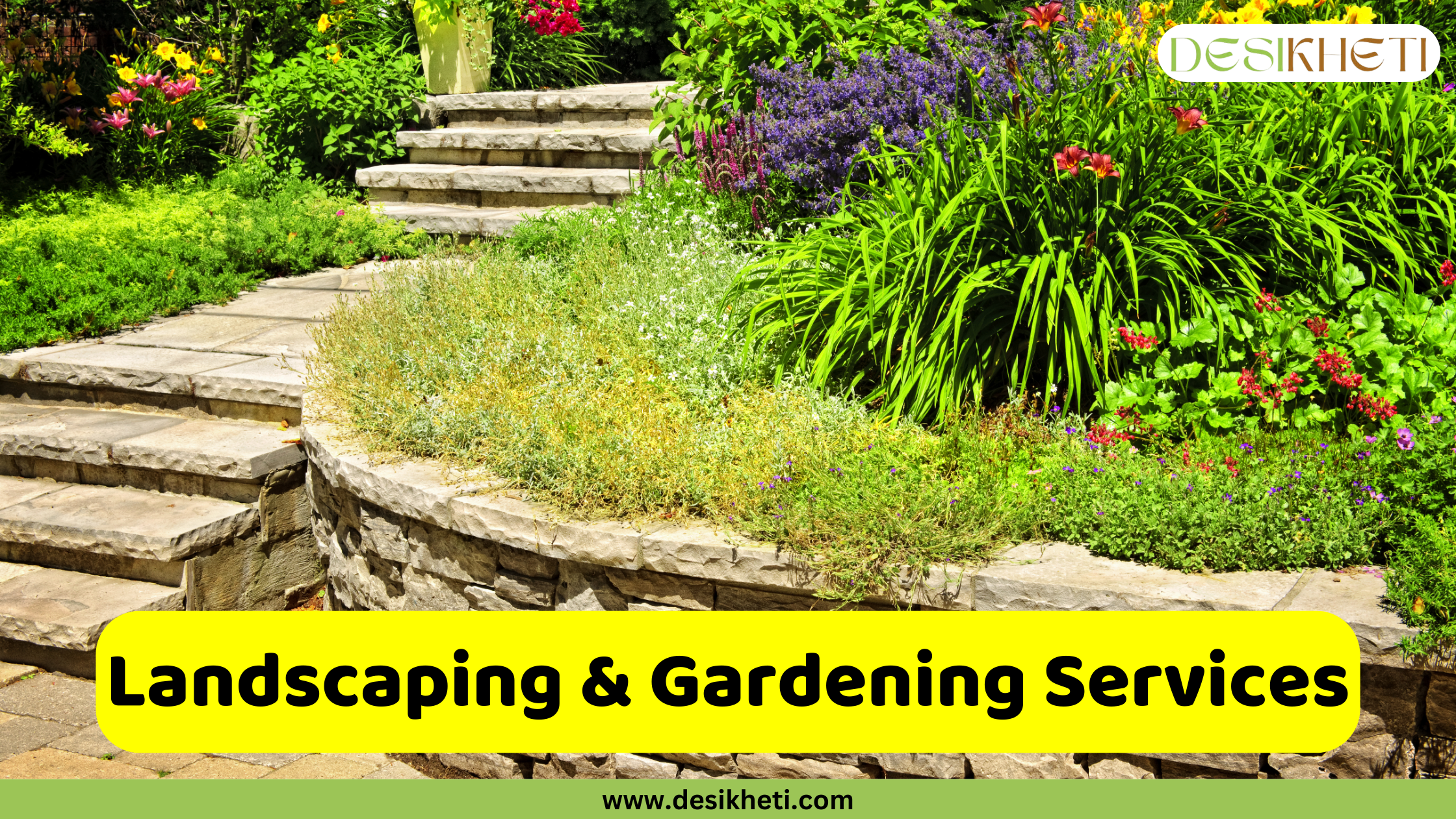 Landscaping & Gardening Services A beautifully landscaped garden features a stone pathway with steps leading upwards. The garden is lush with a variety of plants, including what appear to be Salvia with purple flower spikes, possibly Nepeta, various green shrubs that could include Buxus, and other colorful flowering plants in shades of red and yellow. A low stone retaining wall borders the pathway and planted areas. The overall impression is of a well-maintained and aesthetically pleasing garden design. A bright yellow banner is superimposed at the bottom center, displaying the text "Landscaping & Gardening Services" in bold, dark lettering. Given the context of agricultural business ideas and the visual of a professionally designed and maintained garden, this image likely represents a landscaping and gardening services business. The "DESIKHETI" logo is visible in the upper right corner, and the website address "www.desikheti.com" is at the bottom.