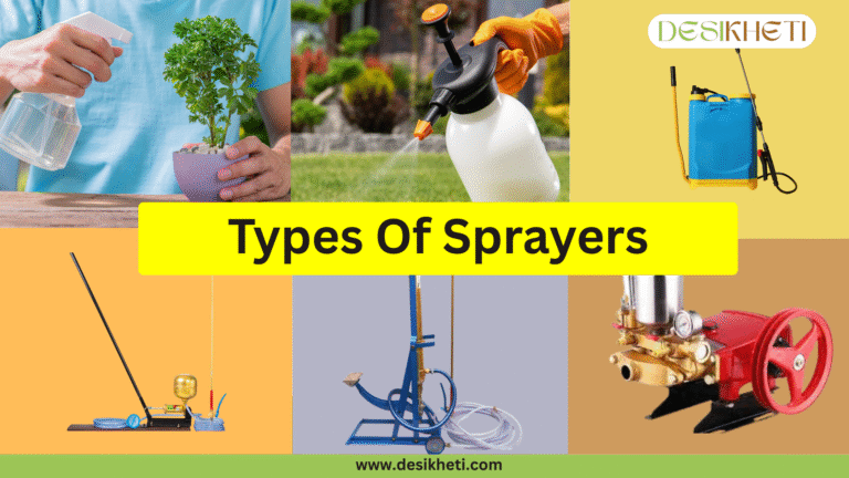 A grid of six images showcases different types of sprayers. The top left image shows two hands, one holding a clear spray bottle misting a small potted plant. The top center image features a gloved hand operating a black and white hand compression sprayer over green grass. The top right image displays a blue knapsack sprayer against a yellow background. The bottom left image shows a portable rocking sprayer with a wooden base and brass-colored pump on an orange background. The bottom center image features a blue foot-operated sprayer against a light gray background. The bottom right image displays a red and brass-colored power sprayer on a light brown background. A bright yellow horizontal banner across the center reads "Types Of Sprayers" in bold, dark text. The "DESIKHETI" logo is in the upper right corner, and the website address "www.desikheti.com" is at the bottom. Given the focus on agricultural tools and the likely needs of farmers in Hyderabad, Telangana, India, this image presents a variety of spraying equipment suitable for different scales of farming or gardening.
