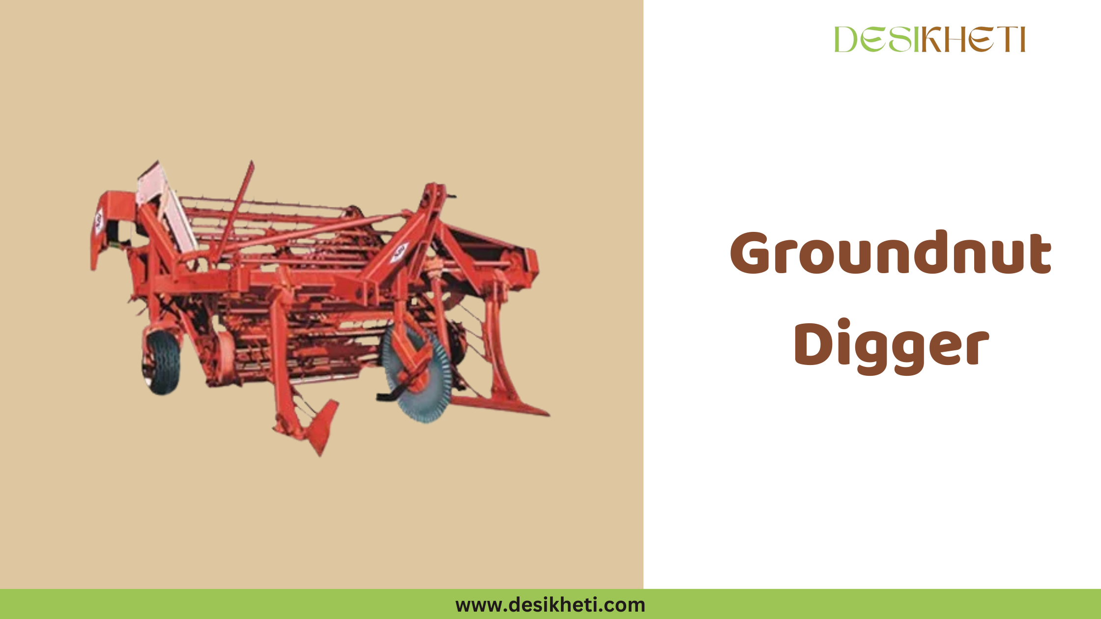 Groundnut Digger A red groundnut digger machine is displayed against a light brown background. The machine has wheels, digging blades or shovels at the front, and a mechanism for lifting and separating the groundnuts from the soil. It appears to be a tractor-mounted implement designed for efficient harvesting of groundnuts. To the right of the machine, the text "Groundnut Digger" is shown in a simple, brown font. The "DESIKHETI" logo is in the upper right corner, and the website address "www.desikheti.com" is at the bottom. Given the agricultural context and the cultivation of groundnuts in regions like Telangana, India, this image is likely relevant to groundnut farming practices and equipment available to farmers there. It could potentially be a Shaktiman groundnut digger, given the search terms.