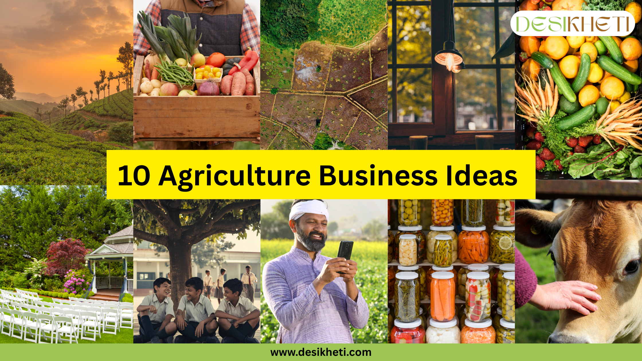 A grid of ten images illustrates various agriculture business ideas. The top row includes: a scenic view of terraced tea plantations at sunset; a person holding a wooden crate filled with freshly harvested vegetables; an aerial view of a farm with geometric field patterns; an indoor hydroponics setup with plants growing under artificial light; and a close-up of a vibrant assortment of freshly harvested vegetables. The bottom row shows: an outdoor event space with rows of white chairs set up on a lawn; three young individuals sitting under a large tree in what appears to be a rural schoolyard; a man, possibly a farmer given his attire and turban, looking at a smartphone in a field; shelves stocked with numerous jars of preserved vegetables; and a close-up of a brown cow being petted by a person's hand. A bright yellow horizontal banner is superimposed across the center of the grid, displaying the text "10 Agriculture Business Ideas" in bold, dark text. The "DESIKHETI" logo is visible in the top right corner. Given the likely target audience of farmers and agricultural entrepreneurs in Hyderabad, Telangana, India, this image presents a diverse range of potential business ventures within the agricultural sector.