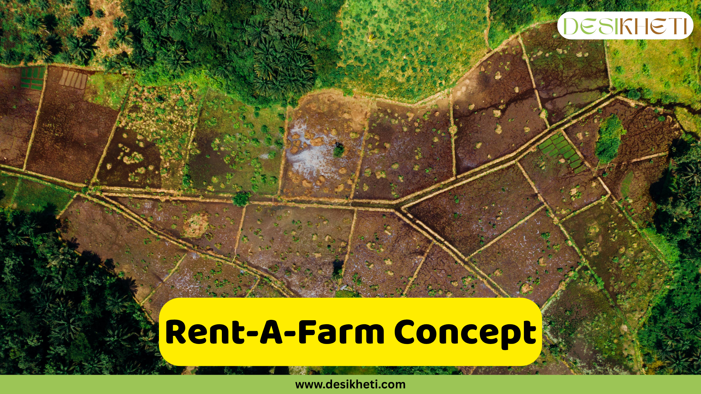 Rent-A-Farm Concept An aerial view captures a patchwork of agricultural land, revealing various plots of cultivated fields with different soil colors and textures, interspersed with areas of lush green vegetation and possibly trees. The layout suggests a rural or semi-rural landscape with active farming. A bright yellow rounded rectangle is superimposed in the lower center of the image, displaying the text "Rent-A-Farm Concept" in bold, dark text. The "DESIKHETI" logo is visible in the top right corner, and the website address "www.desikheti.com" is at the bottom. This image likely illustrates the concept of renting agricultural land for farming purposes.