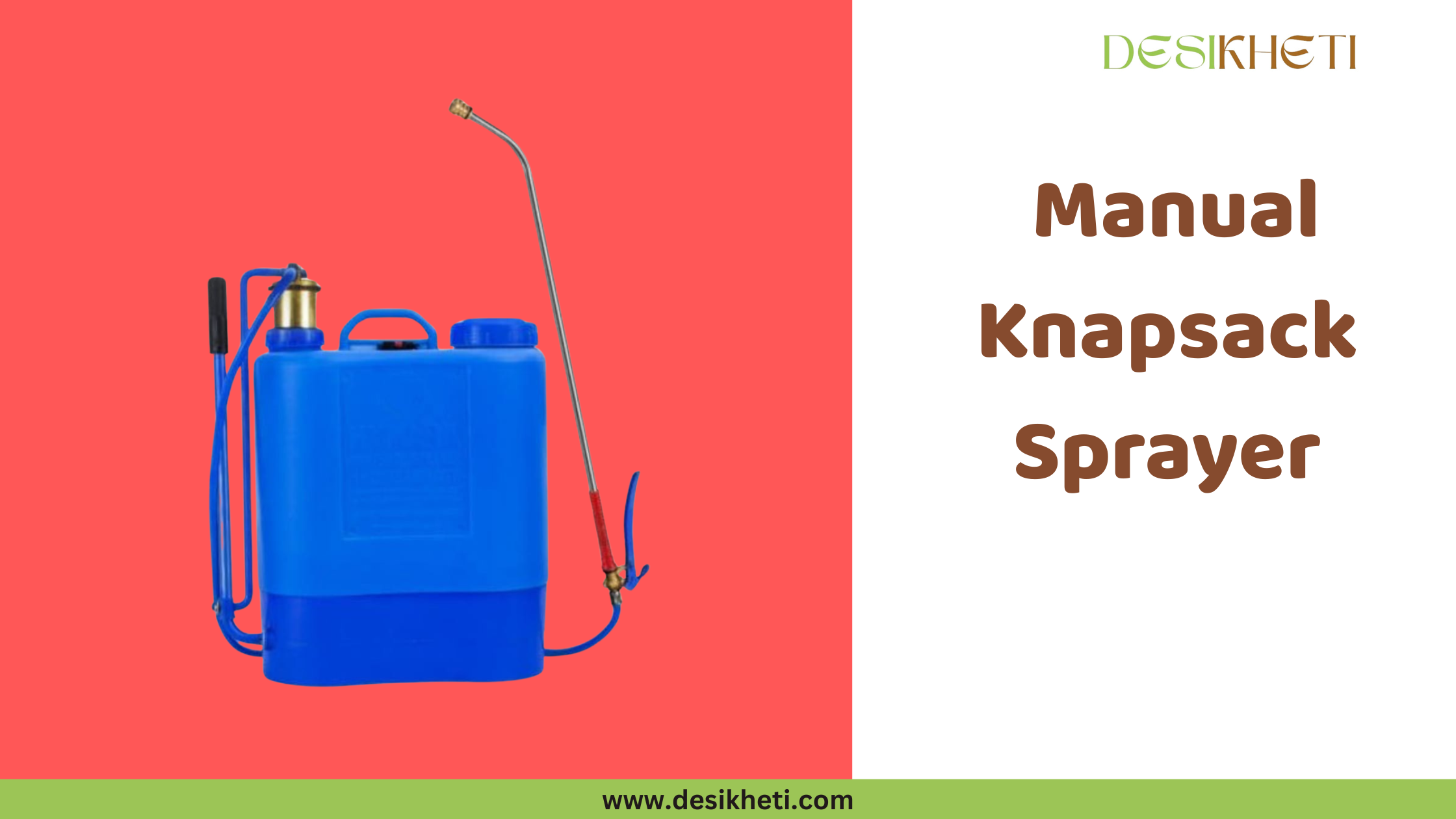 Manual Knapsack Sprayer A blue and white manual knapsack sprayer is displayed against a light gray background. The sprayer features a tank with a handle and shoulder straps, a hand pump lever on the side, a hose, and a spray wand with a curved nozzle. To the right, the text "Manual Knapsack Sprayer" is shown in a simple, brown font. The "DESIKHETI" logo is in the upper right corner, and the website address "www.desikheti.com" is at the bottom. Given the agricultural context and the availability of such equipment, this image is likely relevant to farming practices in Hyderabad, Telangana, India.