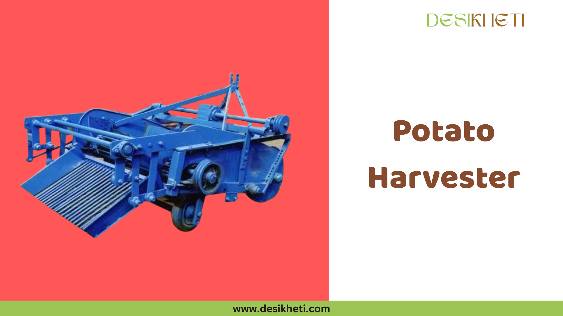 Potato Harvester A large, green and yellow round baler, possibly a John Deere 569, is shown in a field of dry straw or hay, in the process of forming a large, cylindrical bale. The baler has a wide pickup mechanism at the front and a chamber for forming the bale. The background includes a cultivated field and a clear sky. To the right, text reads "Potato Harvester" in a simple, brown font. The "DESIKHETI" logo is in the upper right corner, and the website address "www.desikheti.com" is at the bottom. Given the agricultural context and the need for efficient fodder or residue management, this image is likely relevant to farming practices in Hyderabad, Telangana, India.