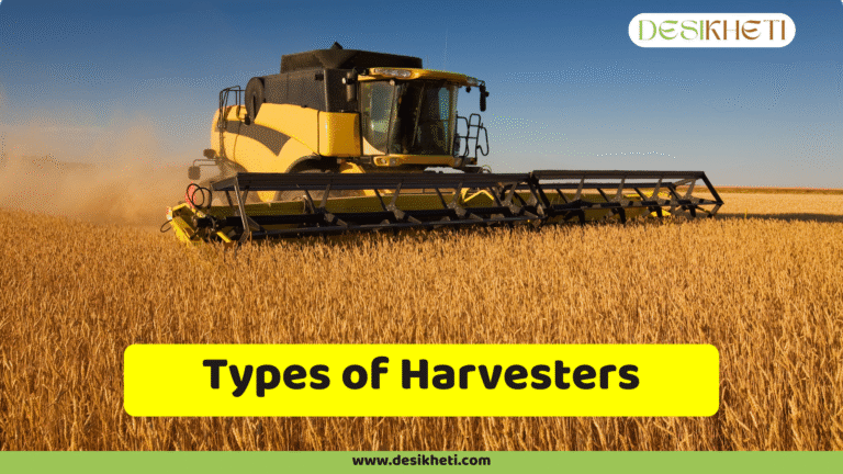 A compact, red and black square baler, possibly a John Deere 348, is shown in a field of dry straw or hay. The baler has a small pickup mechanism at the front and a chute at the rear for ejecting rectangular bales. The background includes a cultivated field and a clear sky. To the right, text reads "Types of Harvesters " in a simple, brown font. The "DESIKHETI" logo is in the upper right corner, and the website address "www.desikheti.com" is at the bottom. Given the agricultural context and the need for efficient fodder or residue management, this image is likely relevant to farming practices in Hyderabad, Telangana, India.