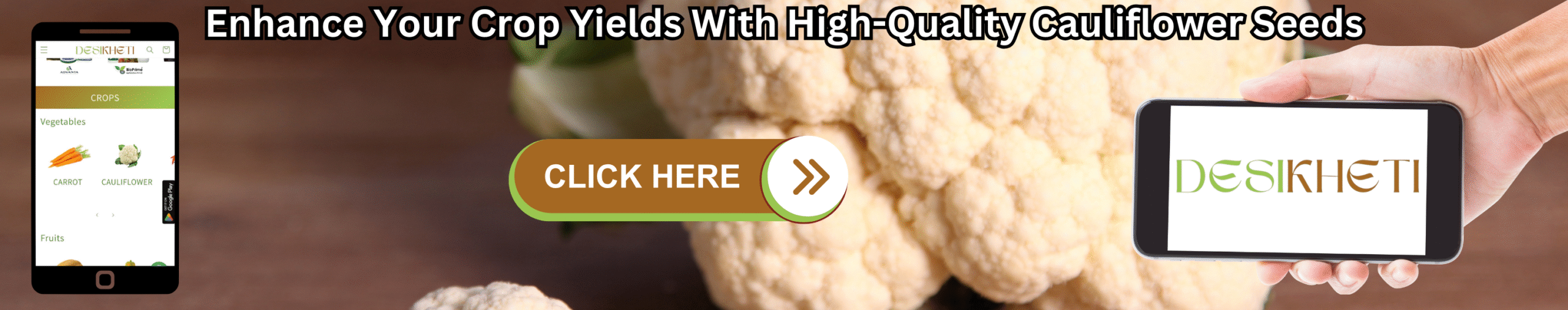 Enhance Your Crop Yields With High-Quality Cauliflower Seeds Banner advertising "Enhance Your Crop Yields With High-Quality Cauliflower Seeds" with a background of numerous small, light brown seeds. A smartphone on the left displays a farming app, and a hand on the right holds a smartphone showing the "DESIKHETI" logo. A "CLICK HERE" button is central.