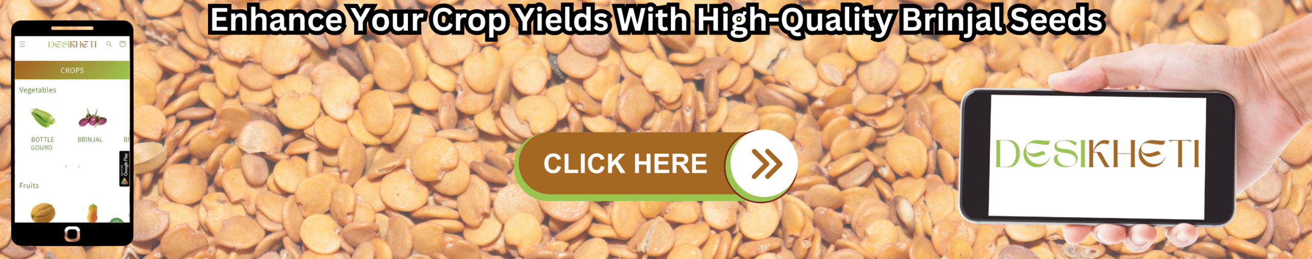Enhance Your Crop Yields With High-Quality Brinjal Seeds Banner advertising 'Enhance Your Crop Yields With High-Quality Brinjal Seeds' with a background of numerous small, light brown seeds. A smartphone on the left displays a farming app, and a hand on the right holds a smartphone showing the 'DESIKHETI' logo. A 'CLICK HERE' button is central."