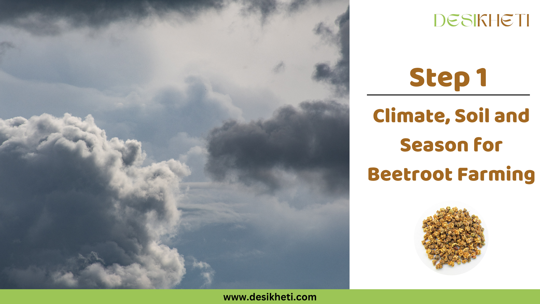 Step 1: Climate, Soil and Season for Beetroot Farming Step 1: Climate, Soil and Season for Okra Farming. A cloudy sky with shades of blue and white fills the background. The "DESIKHETI" logo is visible at the top right, along with a circular inset displaying okra seeds, and the website address "www.desikheti.com" is at the bottom.