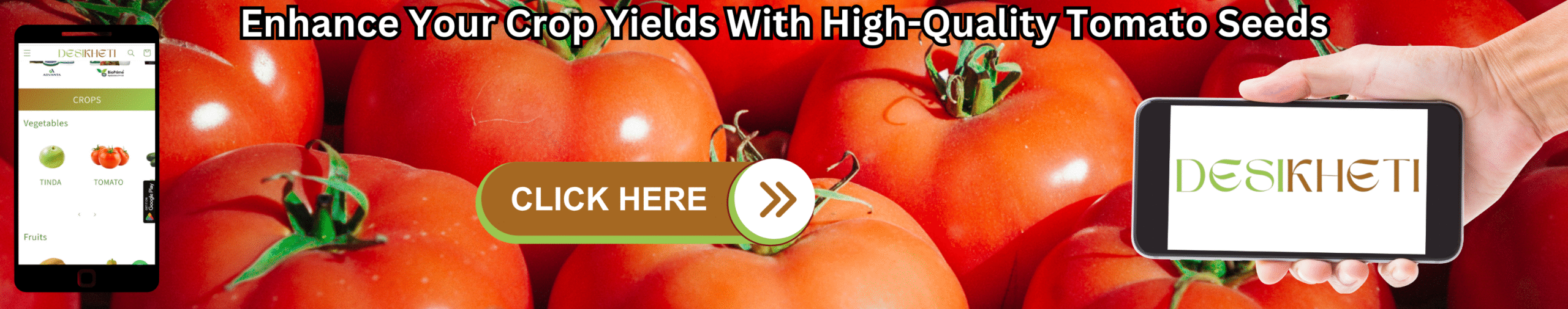 Enhance your crop yields with high-quality tomato seeds. A mobile phone on the left displays the "DESIKHETI" app, while a hand on the right holds another phone with the "DESIKHETI" logo, all against a background of red tomatoes. A "CLICK HERE" button with a right-pointing arrow is prominently featured.