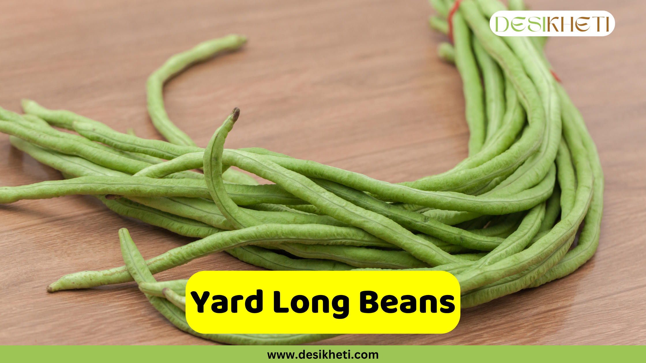 
A bunch of fresh yard long beans, also known as snake beans, tied together on a wooden surface. The text "Yard Long Beans" is written in a yellow banner. The logo "DESIKHETI" is in the top right corner, and the website "www.desikheti.com" is at the bottom.