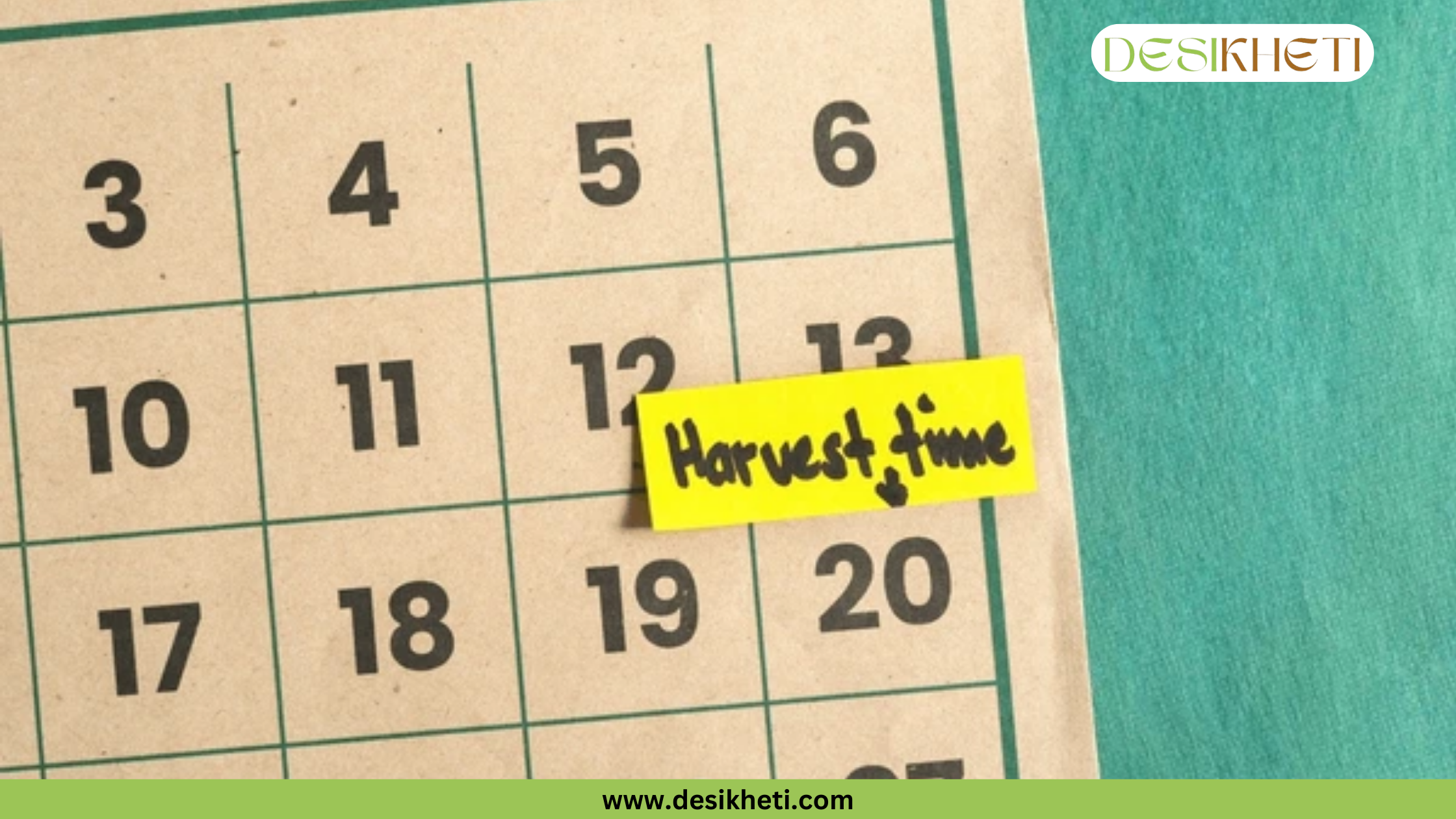 A bright yellow sticky note with the words "Harvest time" written in black marker is placed on a calendar, covering the number 13. The visible calendar dates include the numbers 3 through 6, 10 through 13, and 17 through 20. The top right of the image has a "DESIKHETI" logo, and the bottom center has "www.desikheti.com" written in white.