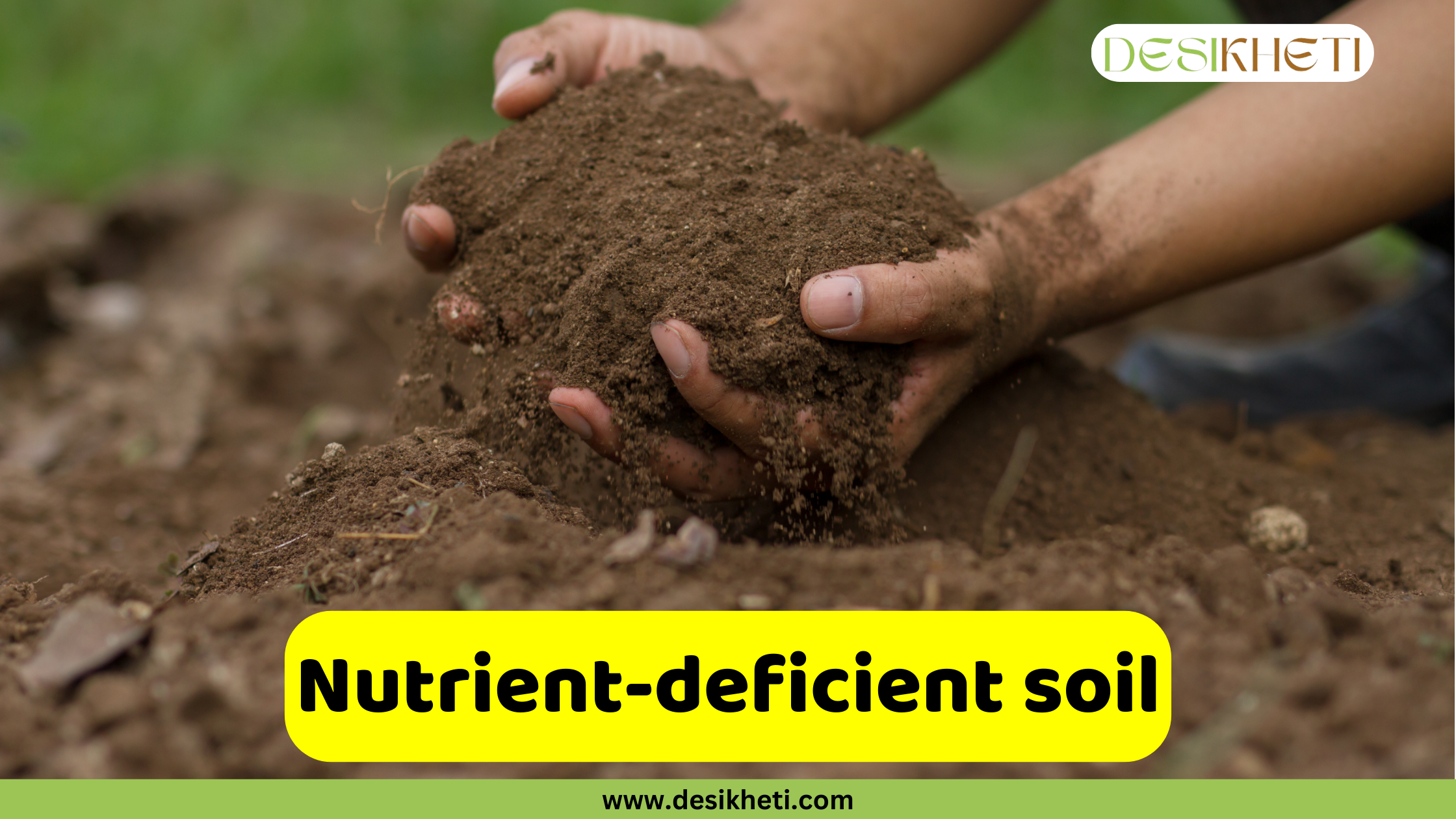 
A close-up of a person's hands holding and sifting a handful of dry, nutrient-deficient brown soil. A pile of the same soil is on the ground in front of them. A prominent yellow bar with the text "Nutrient-deficient soil" is centered at the bottom of the image. The text "DESIKHETI" is in the top right corner, and "www.desikheti.com" is at the bottom.