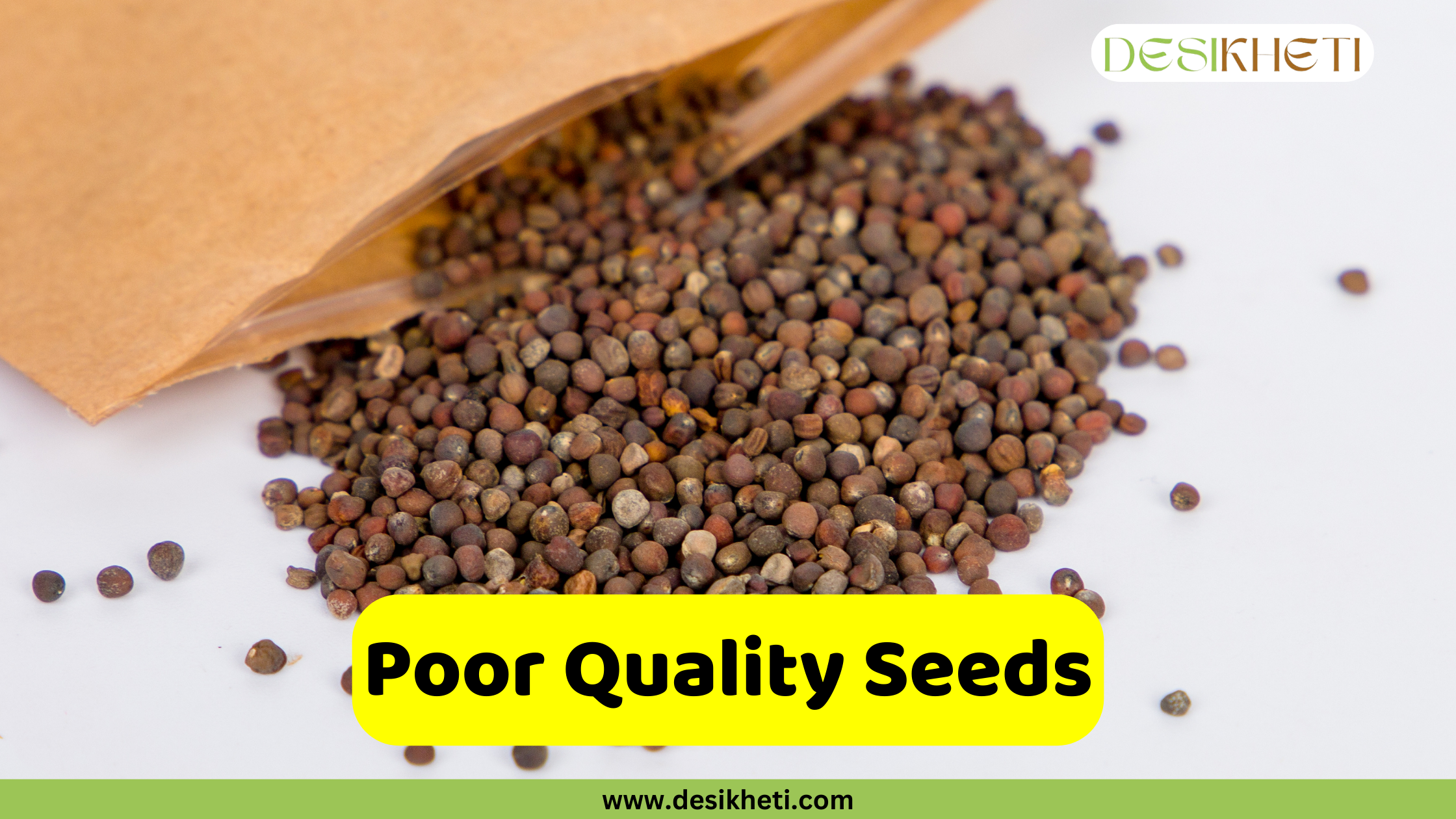 
A close-up of a pile of small, dark brown seeds spilled from a brown paper packet onto a white surface. A prominent yellow bar with the text "Poor Quality Seeds" is centered at the bottom of the image. The text "DESIKHETI" is in the top right corner, and "www.desikheti.com" is at the bottom.
