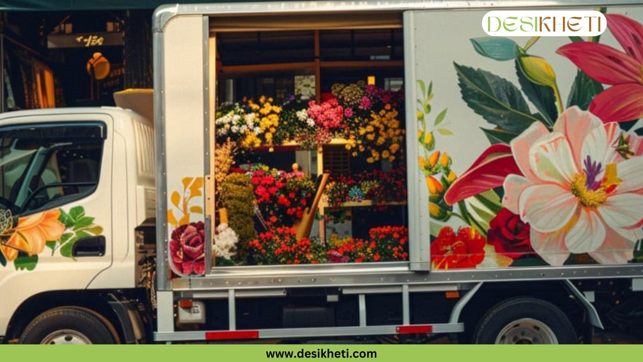 
A flower delivery truck with a floral design on the side and back is parked on a street. The back of the truck is open, revealing racks of colorful flowers inside. The image has a green banner at the bottom with the text "www.desikheti.com" and "DESIKHETI" in the top right corner.
